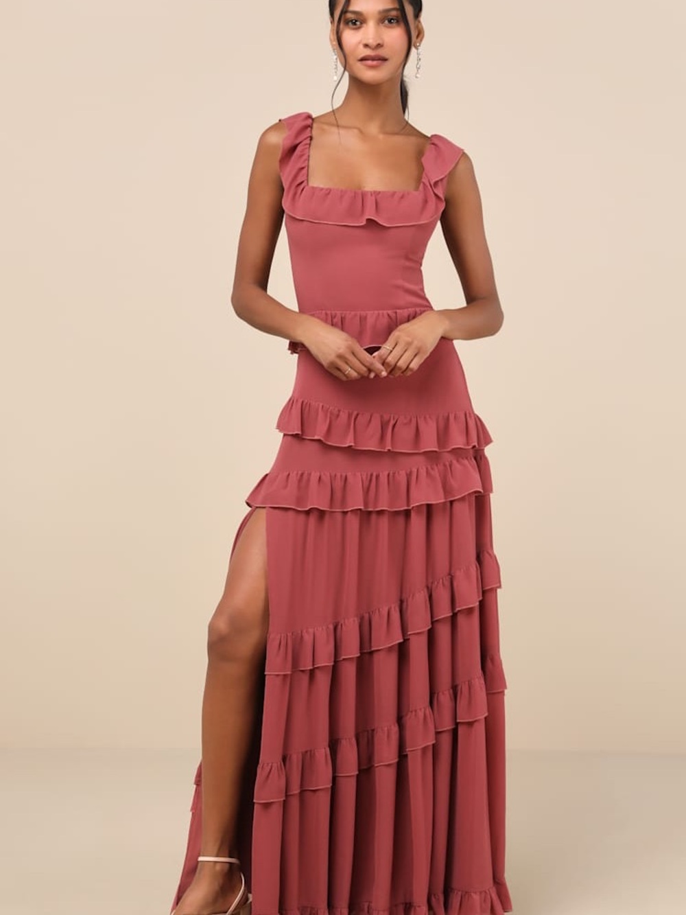 Lulus Compelling Romantic Rusty Rose Ruffled Tiered Maxi Dress